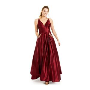 BLONDIE Womens Dress Burgundy Spaghetti Strap Formal Satin BallJuniors 3